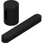 Sonos Beam (Gen 2) Soundbar Black with Sonos Sub Mini Black behind, the view of both products are front facing top down angle against a white background.