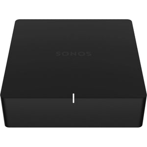 Sonos Port Network Audio Streamer Black front on top down view against a white background.