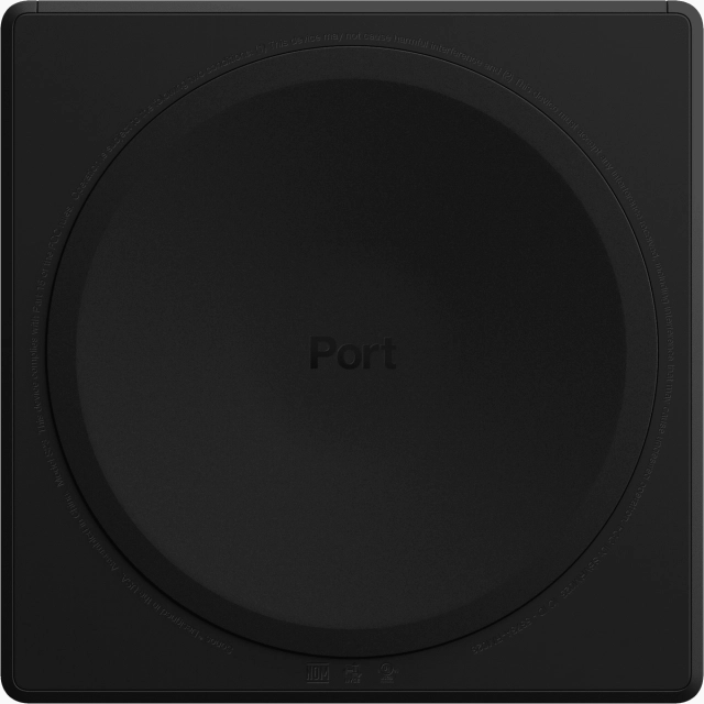 Sonos Port Network Audio Streamer Black top down view of the bottom of the device with the Port logo.