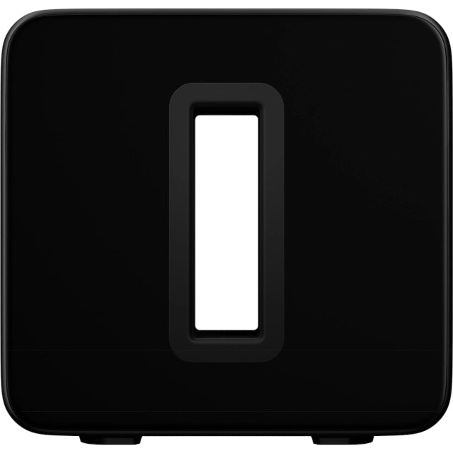 Sonos Sub (Gen 3) Subwoofer Black front on view of the side of the device against a white background.