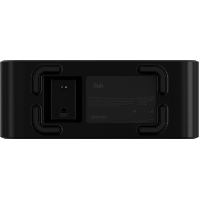 Sonos Sub (Gen 3) Subwoofer Black front on view of the bottom of the device with inputs and silicone feet against a white background.