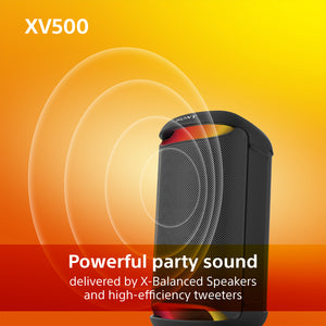 Sony SRS-XV500 - Wireless Bluetooth Party Speaker with Powerful Sound and MEGA BASS - 25 hours Battery Life, Portable, for Indoor and Outdoor, IPX4 rating, Lighting, Karaoke – Black