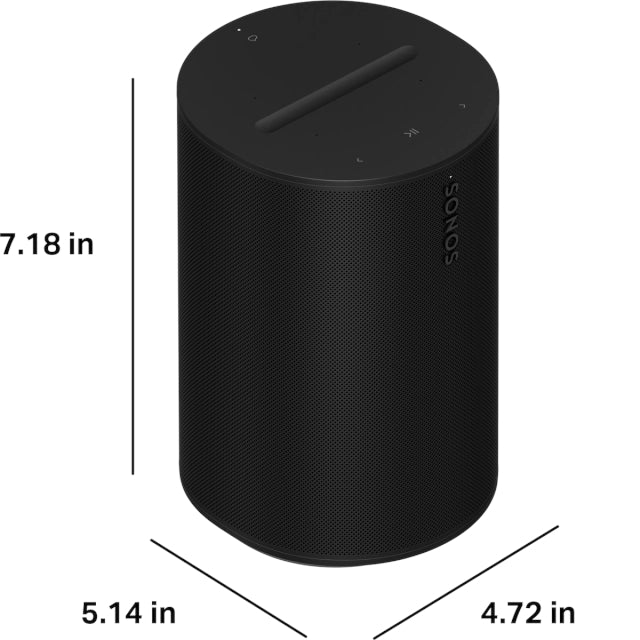 Sonos Era 100 Smart Speaker Black front and top down angled view with dimensions against a white background.