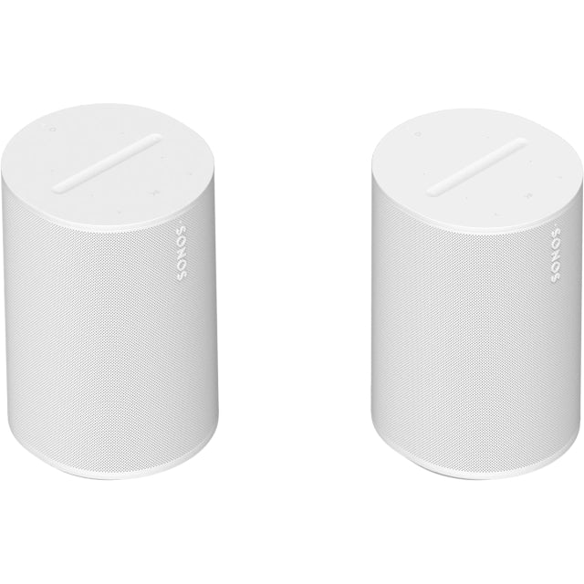 Two Sonos Era 100 Smart Speakers in white next to each other front angled view against a white background.