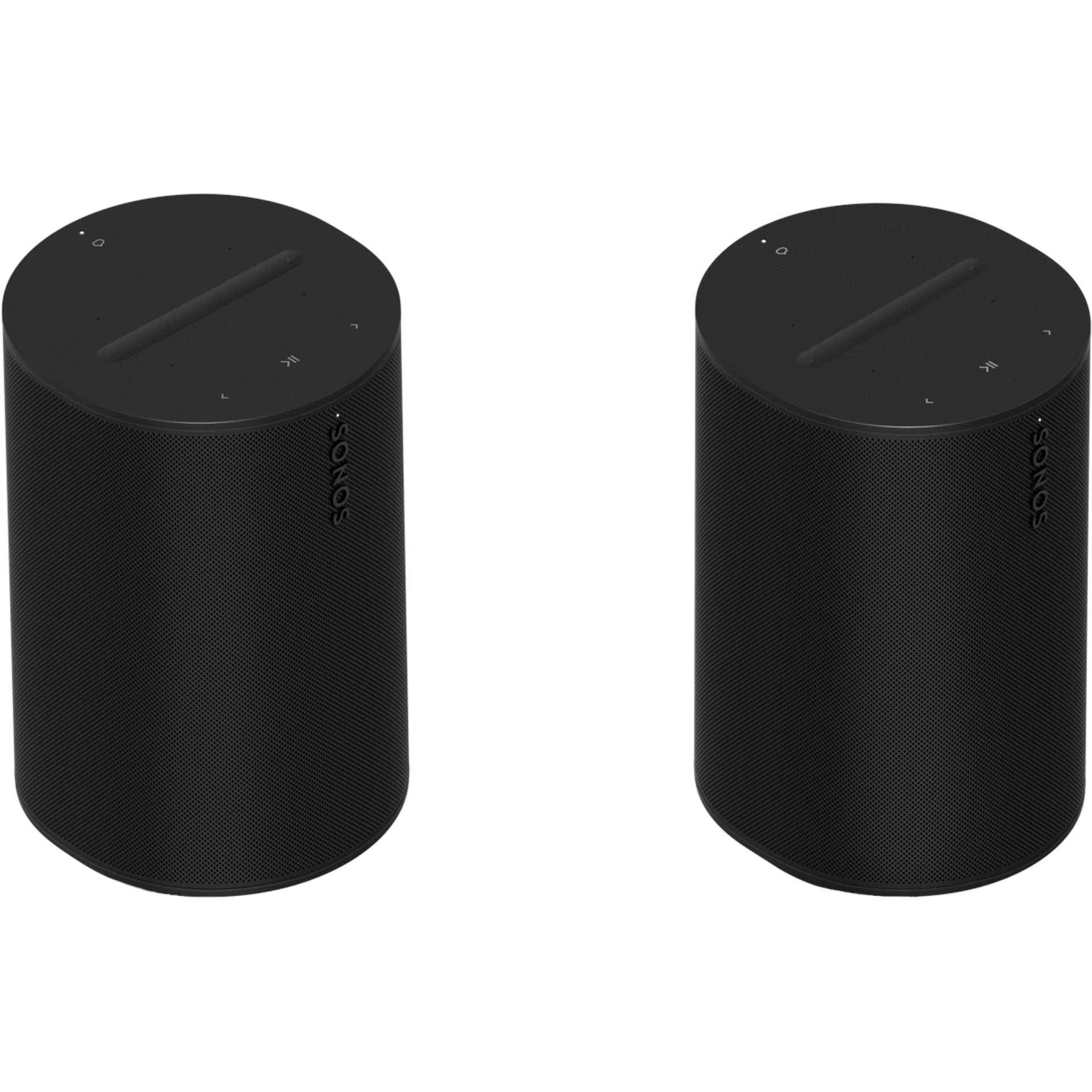 Two Sonos Era 100 Smart Speakers in black next to each other front angled view against a white background.