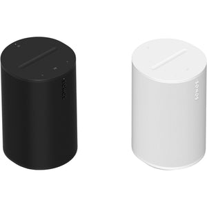 Two Sonos Era 100s, one in black and one in white next to each other front angled view against a white background.