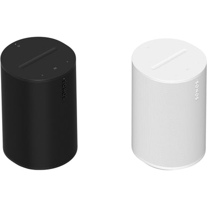 Two Sonos Era 100s, one in black and one in white next to each other front angled view against a white background.