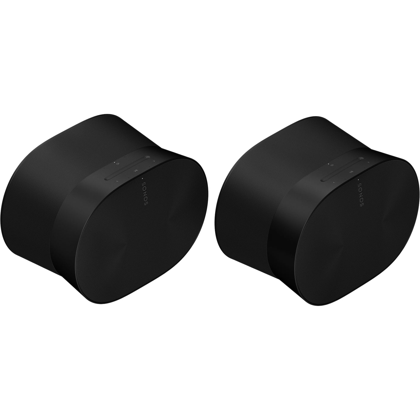 Two Sonos Era 300 Premium Smart Speakers Black next to each other top down front angled view against a white background.