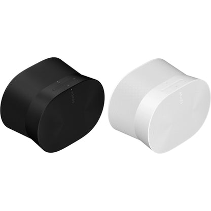 Two Sonos Era 300 Premium Smart Speakers (one White and one Black) next to each other top down front angled view against a white background.