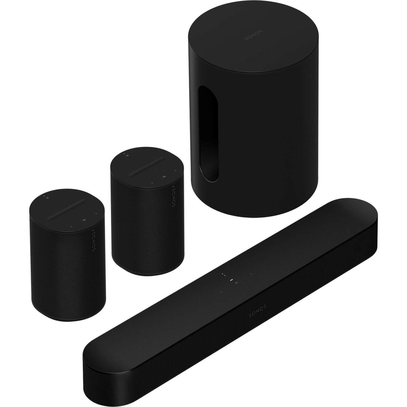 Sonos Beam (Gen 2) Soundbar Black in front, Two Sonos Era 100 Smart Speakers Black behind, and Sonos Sub Mini Black to the right. top down front angled view of each device against a white background.