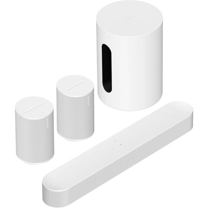 Sonos Beam (Gen 2) Soundbar White in front, Two Sonos Era 100 Smart Speakers White behind, and Sonos Sub Mini White to the right. top down front angled view of each device against a white background.