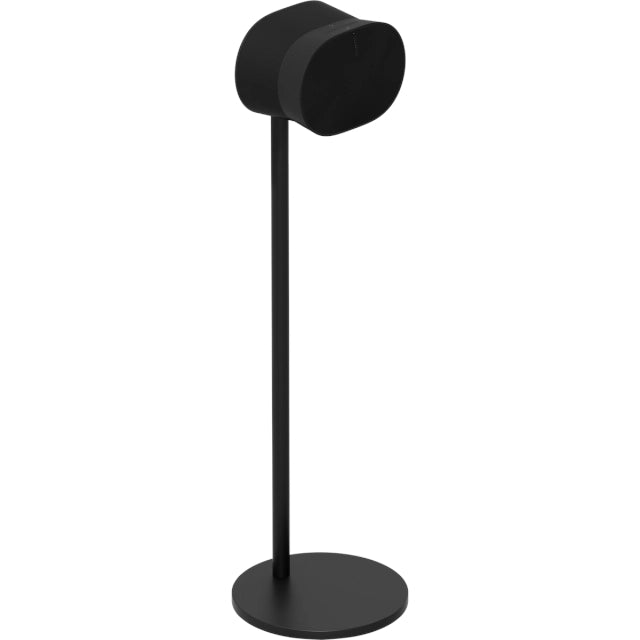 Sonos Era 300 Floor Stand Single Black with Sonos Era 300 Premium Smart Speaker attached to the stand front angled view against a white background.