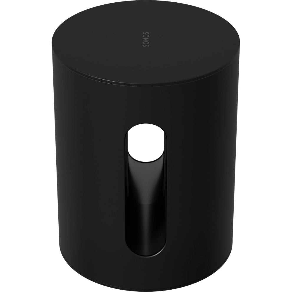 Sonos Sub Mini Black side facing top down angle against a white background.