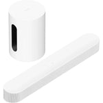 Sonos Beam (Gen 2) Soundbar White with Sonos Sub Mini White behind, the view of both products are front facing top down angle against a white background.