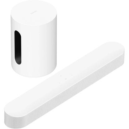 Sonos Beam (Gen 2) Soundbar White with Sonos Sub Mini White behind, the view of both products are front facing top down angle against a white background.