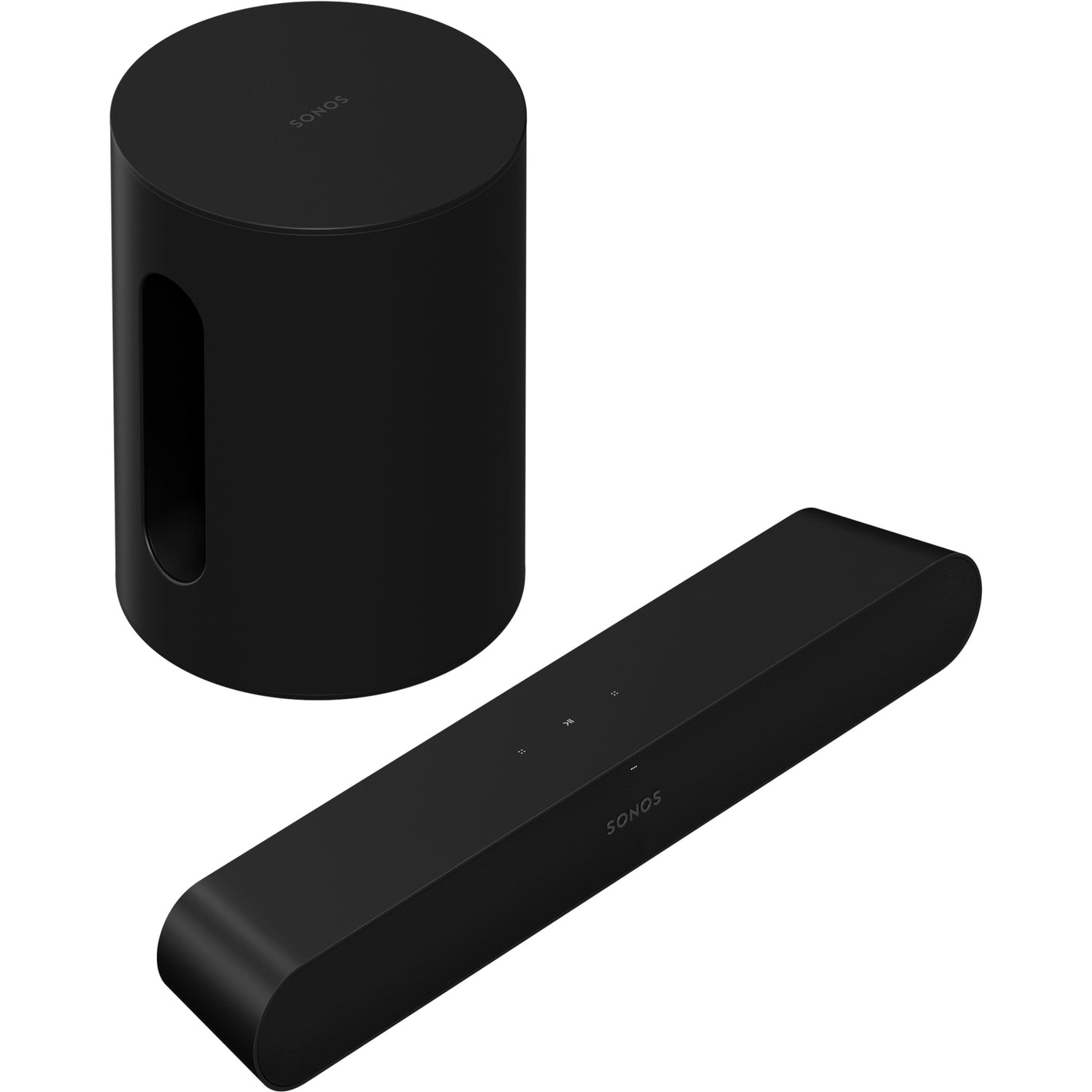 Sonos Ray Soundbar Black and Sonos Sub Mini Black behind at a top down front facing angle view against a white background.