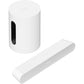 Sonos Ray Soundbar White and Sonos Sub Mini White behind at a top down front facing angle view against a white background.