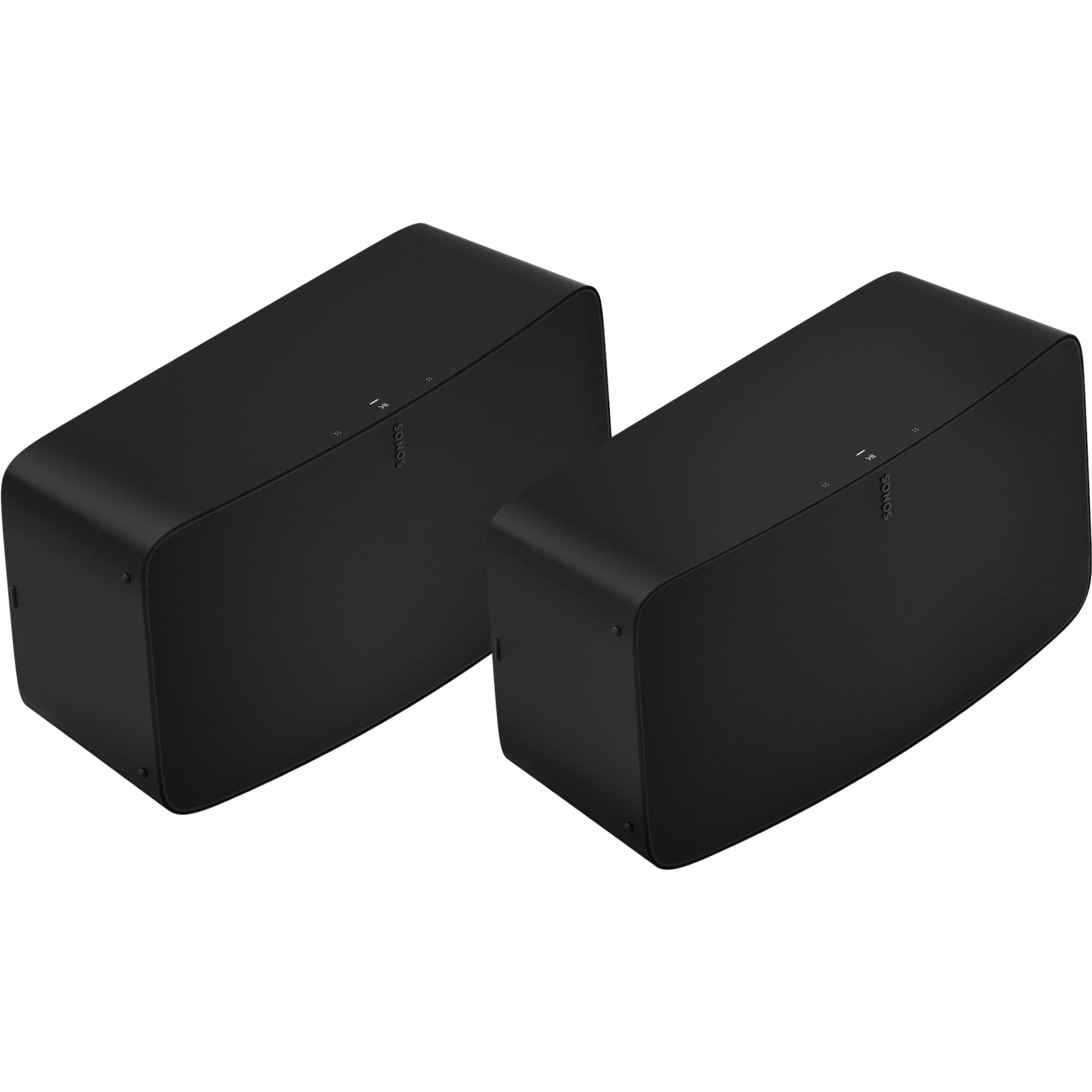 Sonos Five Premium Speaker Black Pair next to each other top down front angled view of each device against a white background.