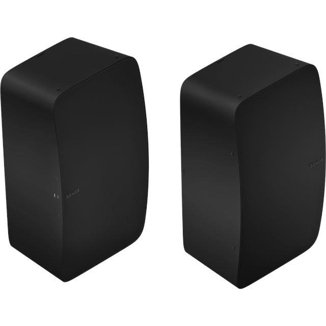 Sonos Five Premium Speaker Black Pair standing vertically next to each other front angled view of each device against a white background.