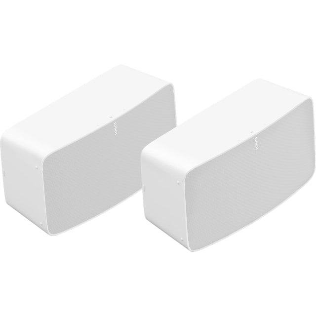 Sonos Five Premium Speaker White Pair next to each other top down front angled view of each device against a white background.