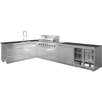 Whistler Grills Stroud 6-Burner Kitchen with Double Door Fridge, Sink, Gas Bottle Cabinet, 90 degree Corner Unit and a Three Drawer Cabinet. - Stainless Steel