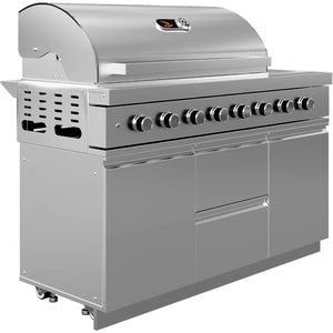 Whistler Grills Stroud 6-Burner Kitchen with Double Door Fridge, Sink, Gas Bottle Cabinet, 90 degree Corner Unit and a Three Drawer Cabinet. - Stainless Steel