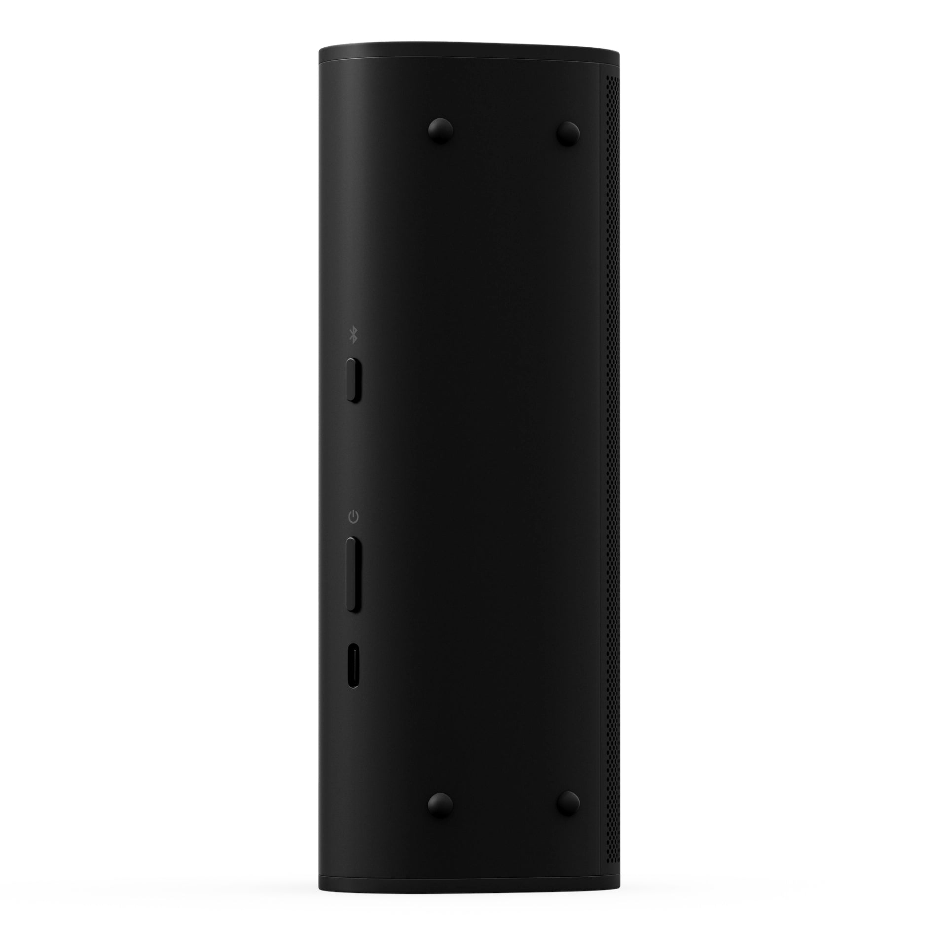 Sonos Roam 2 Portable Speaker Black standing vertically front angled view of the rear of the device with control buttons against a white background.