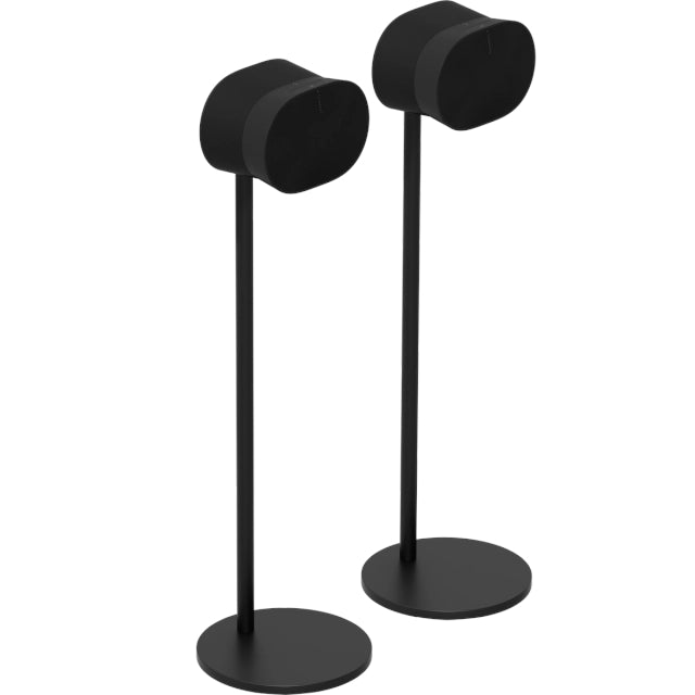 Sonos Era 300 Floor Stands Pair Black with two Sonos Era 300 Premium Smart Speakers Black placed on them next to each other front angled view against a white background.