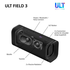 Sony SRS-ULT30B ULT FIELD 3 - Portable Bluetooth Speaker with ULT POWER SOUND, 24hr Battery, IP67, Waterproof, Dustproof, Shockproof, Detachable Shoulder Strap, Compact - Black