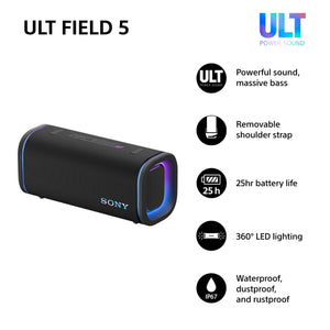 Sony ULT FIELD 5 - Powerful Bluetooth Portable Speaker, 25hr Battery, 2 x ULT POWER SOUND modes, IP67, Waterproof, Dustproof, 360 Lights, Detachable Shoulder Strap, Compact