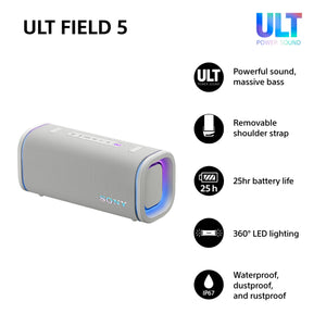 Sony SRS-ULT50W ULT FIELD 5 - Powerful Bluetooth Portable Speaker, 25hr Battery, 2 x ULT POWER SOUND modes, IP67, Waterproof, Dustproof, 360 Lights, Detachable Shoulder Strap, Compact - White