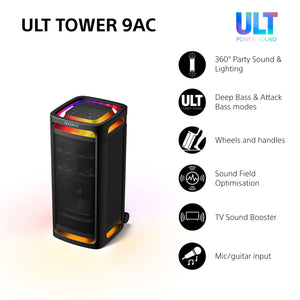 Sony ULT TOWER 9 - Ultimate Bluetooth Party Speaker, 25hr Battery & Mains Power, 2 x ULT POWER SOUND modes, X-Balanced Speaker, 360 Lights & Sound, Karaoke Inputs - Black