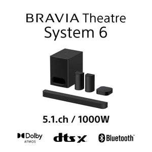 Sony BRAVIA Theatre System 6 – 5.1ch surround sound | 1000W | Rear speakers & subwoofer included | Dolby Atmos | DTS:X | AI Voice Zoom 3 (via BRAVIA TV) | DSEE | Multi Stereo Party Mode | Easy control