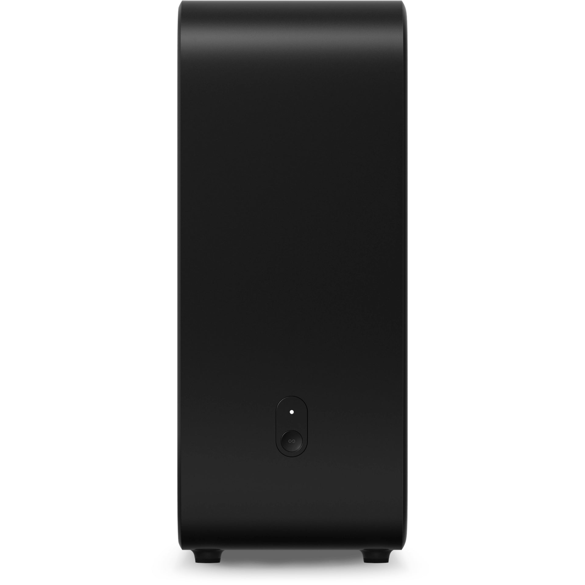 Sonos Sub 4 Subwoofer Black front on view of the front of the device with LED light and sync button against a white background.