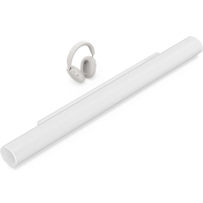 Sonos Arc Ultra Soundbar White in front and Sonos Ace Headphones White behind front angled top down view against a white background.