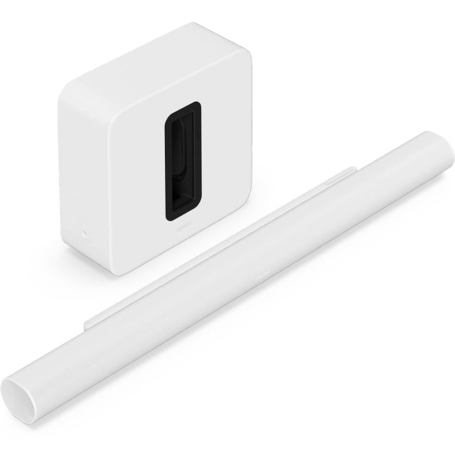 Sonos Arc Ultra Soundbar White in front of a Sonos Sub 4 Subwoofer White front angled top down view against a white background.