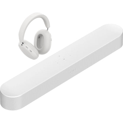 Sonos Beam (Gen 2) Soundbar White in front of Sonos Ace Headphones White front angled top down view against a white background.