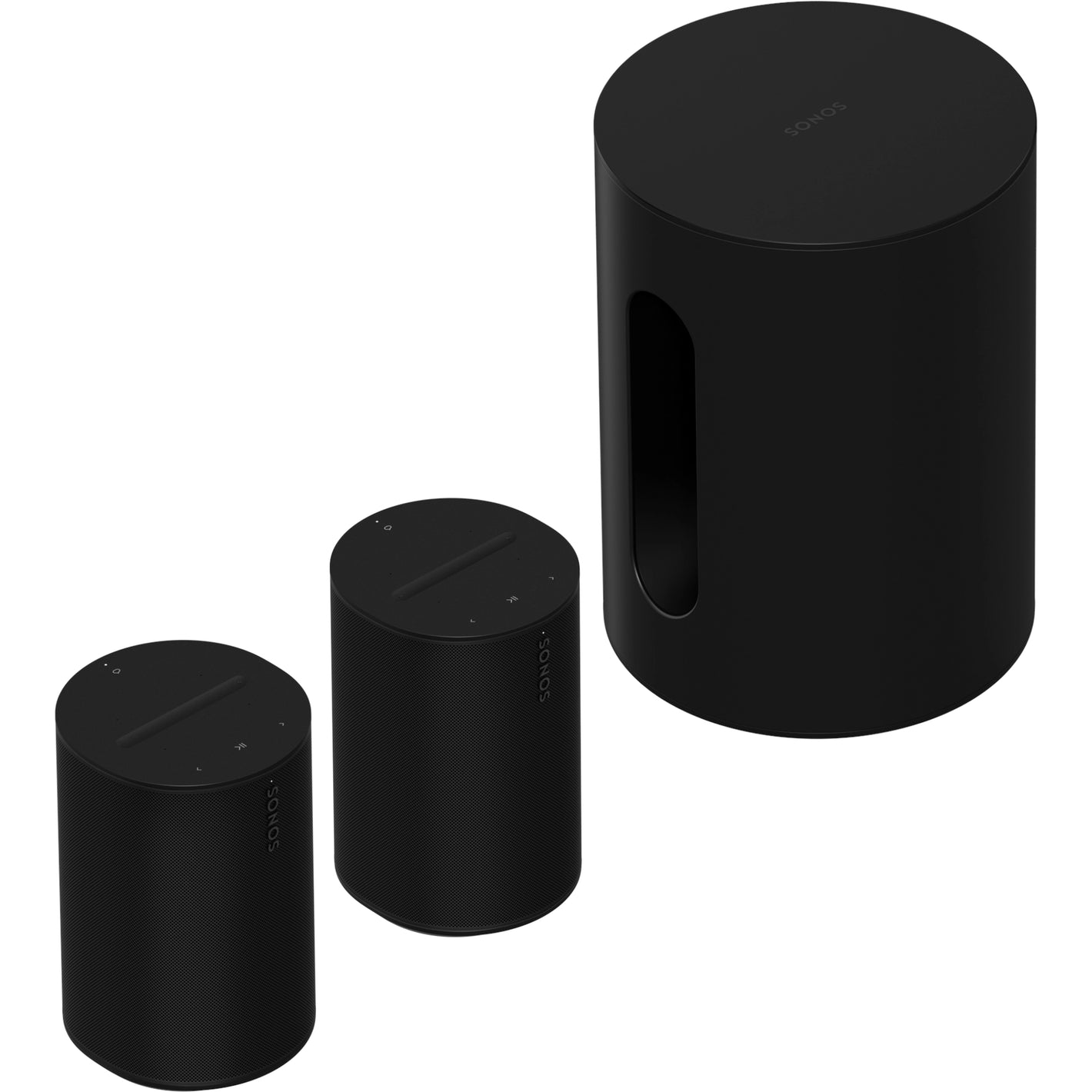 Two Sonos Era 100 Smart Speakers Black and Sonos Sub Mini Black next to each other against a white background, the view is top down front angled of the devices.