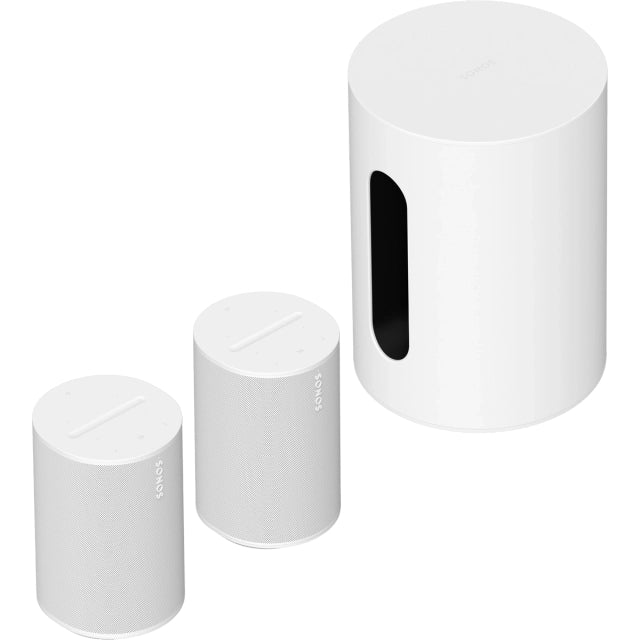 Two Sonos Era 100 Smart Speakers White and Sonos Sub Mini White next to each other against a white background, the view is top down front angled of the devices.