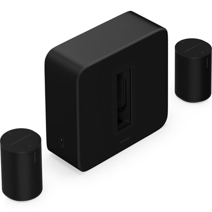 Two Sonos Era 100 Smart Speakers Black either side of a Sonos Sub 4 Subwoofer Black front angled top down view against a white background.