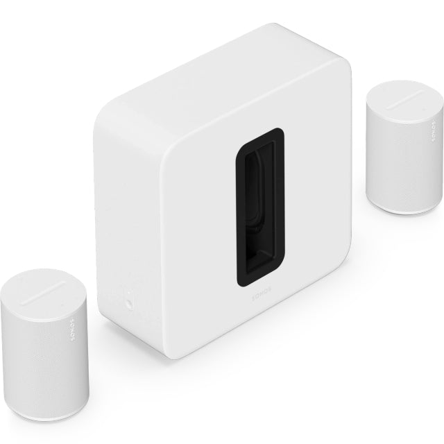 Two Sonos Era 100 Smart Speakers White either side of a Sonos Sub 4 Subwoofer White front angled top down view against a white background.