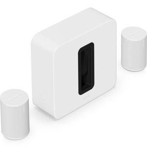 Two Sonos Era 100 Smart Speakers White either side of a Sonos Sub 4 Subwoofer White front angled top down view against a white background.