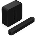 Sonos Beam (Gen 2) Soundbar Black in front of a Sonos Sub 4 Subwoofer Black front angled top down view against a white background.