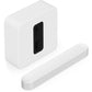 Sonos Beam (Gen 2) Soundbar White in front of a Sonos Sub 4 Subwoofer White front angled top down view against a white background.