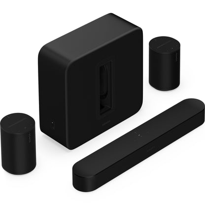 Sonos Beam (Gen 2) Soundbar Black in front of two Sonos Era 100 Smart Speakers Black either side of Sonos Sub 4 Subwoofer Black front angled top down view against a white background.