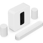 Sonos Beam (Gen 2) Soundbar White in front of two Sonos Era 100 Smart Speakers White either side of Sonos Sub 4 Subwoofer White front angled top down view against a white background.