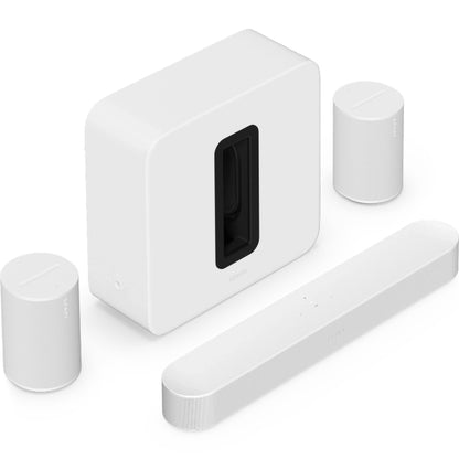 Sonos Beam (Gen 2) Soundbar White in front of two Sonos Era 100 Smart Speakers White either side of Sonos Sub 4 Subwoofer White front angled top down view against a white background.