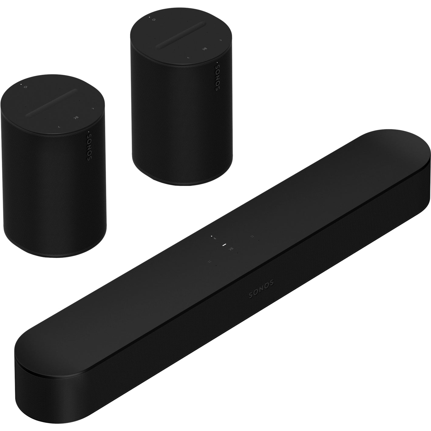 Sonos Beam (Gen 2) Soundbar Black in front of two Sonos Era 100 Smart Speakers Black front angle top down view against a white background.