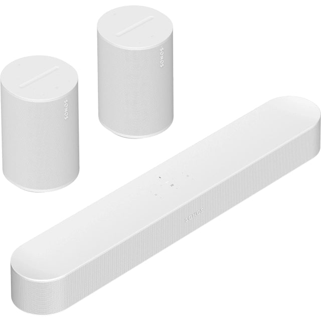 Sonos Beam (Gen 2) Soundbar White in front of two Sonos Era 100 Smart Speakers White front angle top down view against a white background.