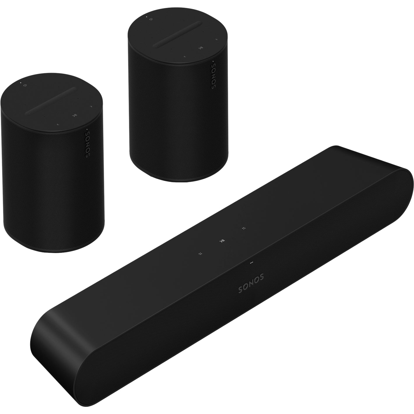 Sonos Ray Soundbar Black in front of two Sonos Era 100 Smart Speakers Black front angle top down view against a white background.